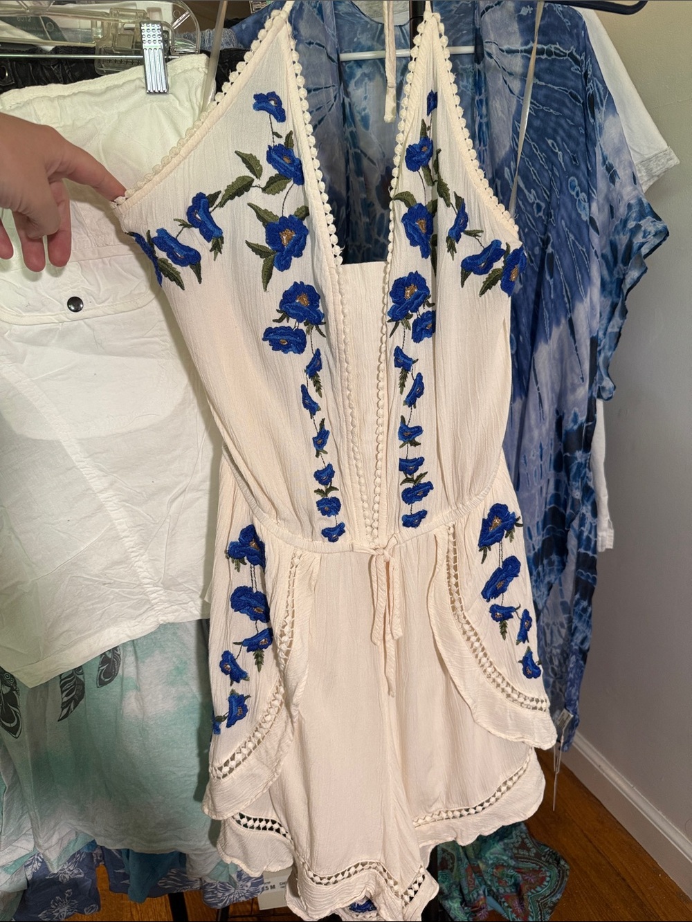 Cream Embroidered Halter Romper with Blue Floral Accents